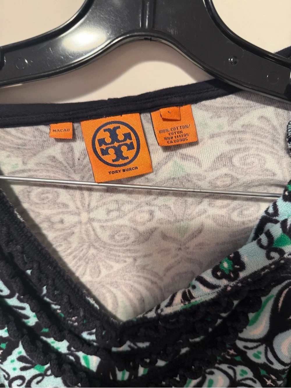 Tory Burch Black and Mint Patterned V-Neck Hoodie Top